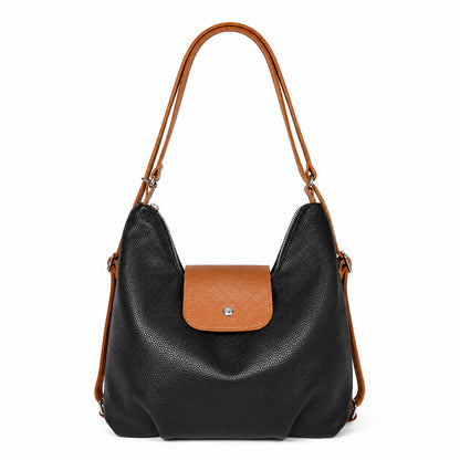 Eclectic Donatello Duo black grain leather convertible bag with tan accents and silver hardware