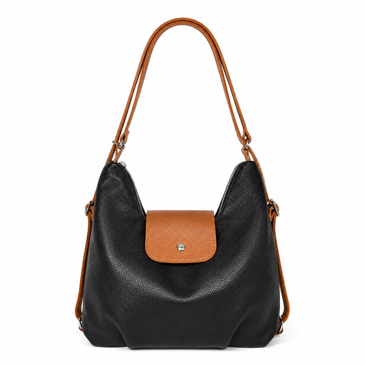Eclectic Donatello Duo black grain leather convertible bag with tan accents and silver hardware