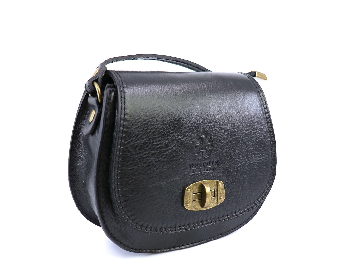 Eclectic black Italian leather crossbody bag with brushed brass twist-lock hardware and structured silhouette.