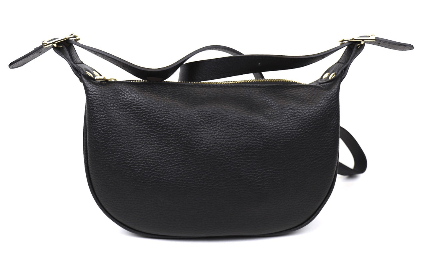 Eclectic black grained leather half moon sling bag with gold hardware and adjustable strap on a white background