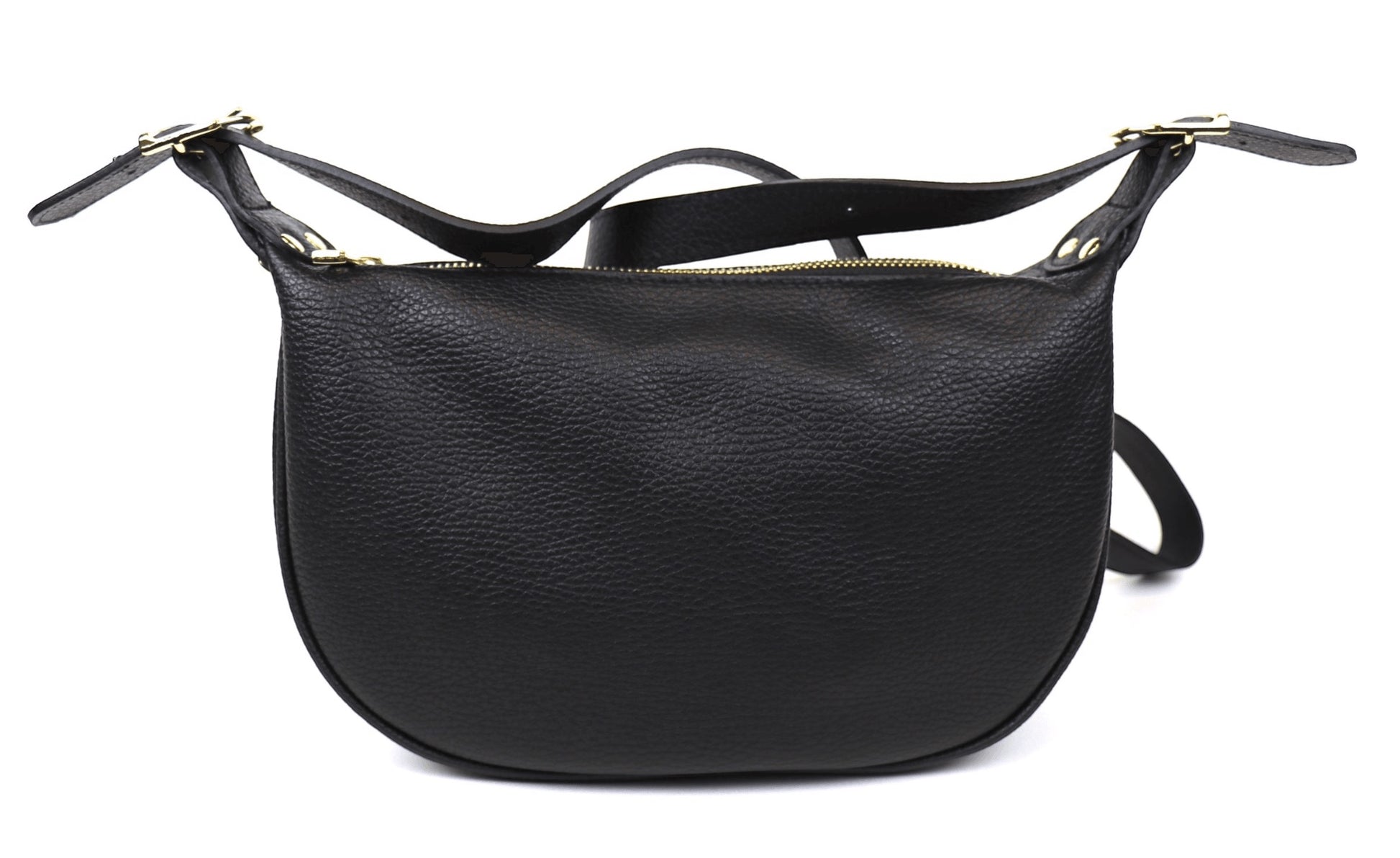Eclectic black grained leather half moon sling bag with gold hardware and adjustable strap on a white background