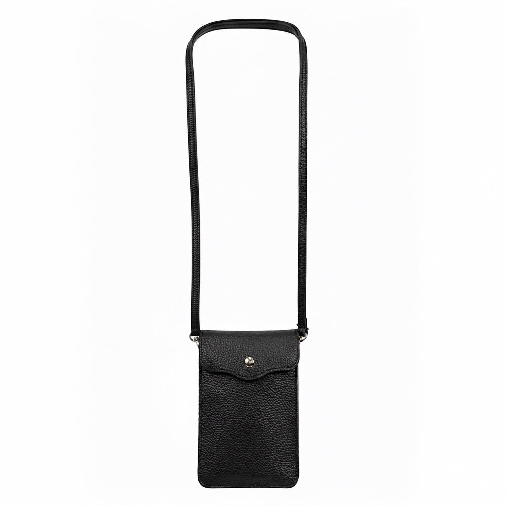 Eclectic black pebbled leather phone crossbody bag with a slim silhouette, magnetic closure, and adjustable strap.