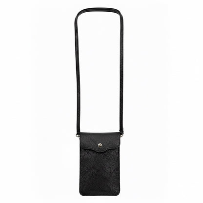 Eclectic black pebbled leather phone crossbody bag with a slim silhouette, magnetic closure, and adjustable strap.