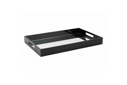Eclectic black acrylic serving tray with a reflective mirrored base and integrated handles for modern home decor.