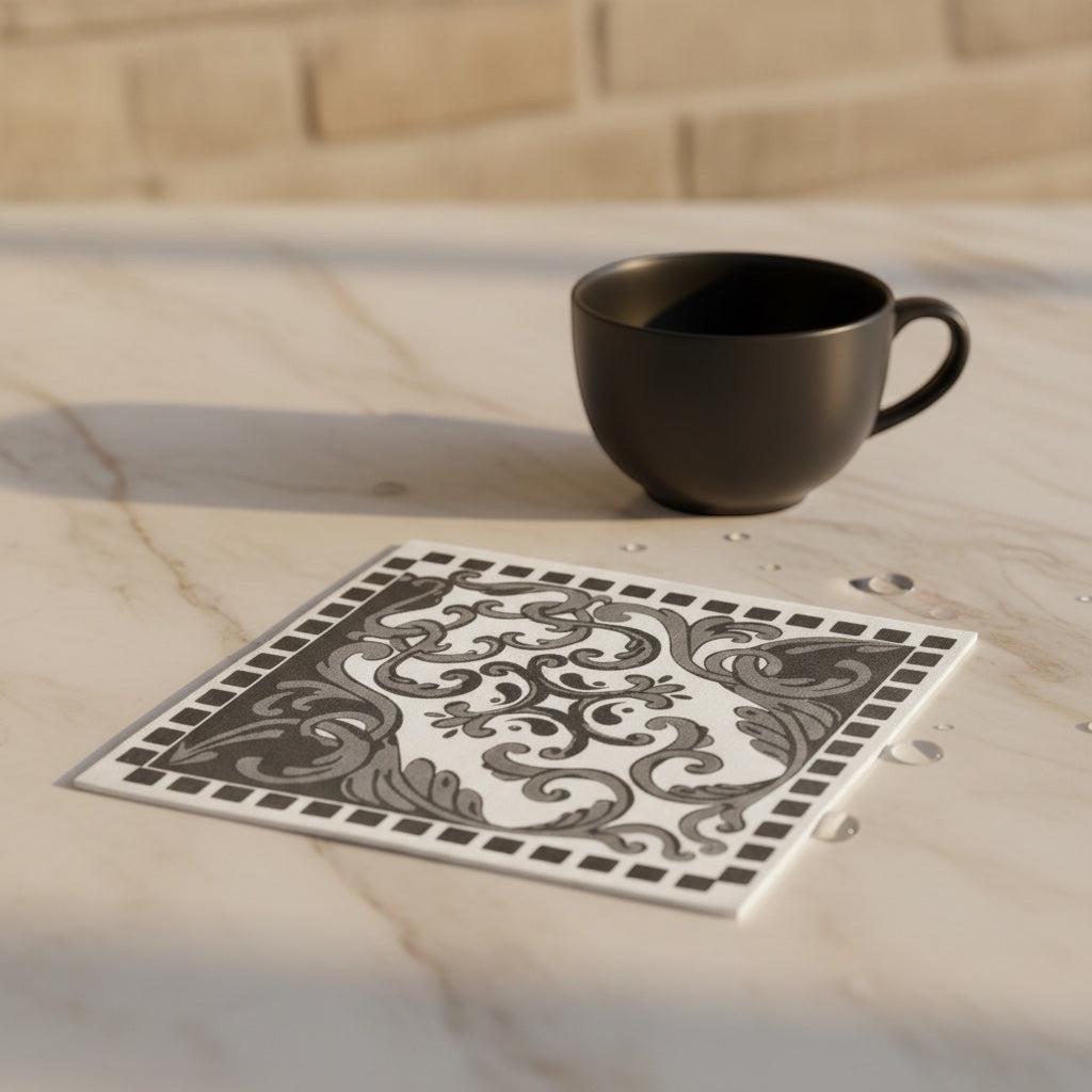 Eclectic black and white ornate disposable napkin with intricate scroll design on a marble table next to a black cup