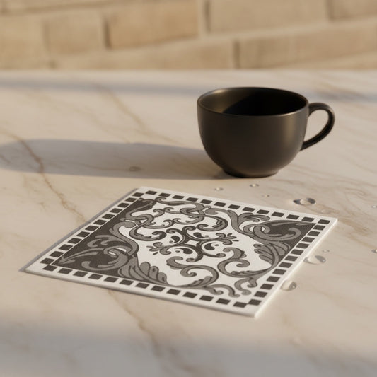Eclectic black and white ornate disposable napkin with intricate scroll design on a marble table next to a black cup
