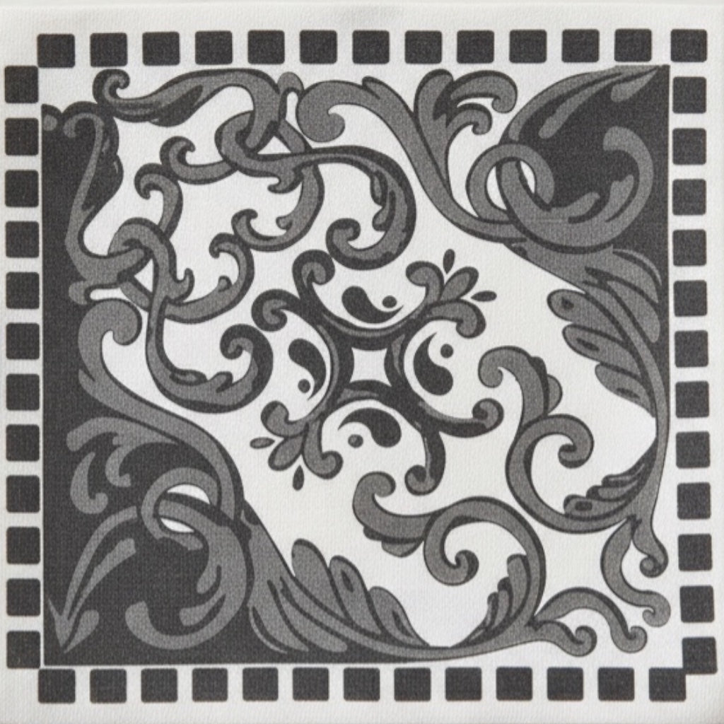 Eclectic black and white disposable napkin with an intricate ornate scroll pattern and decorative border.