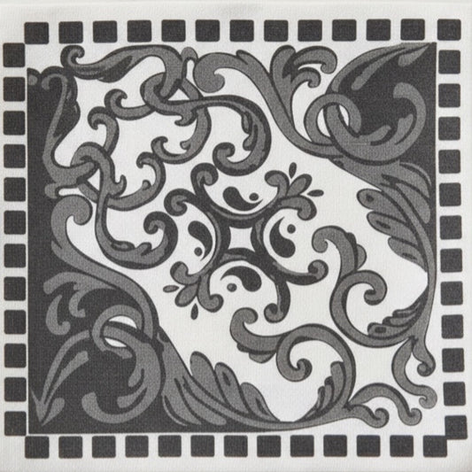 Eclectic black and white disposable napkin with an intricate ornate scroll pattern and decorative border.