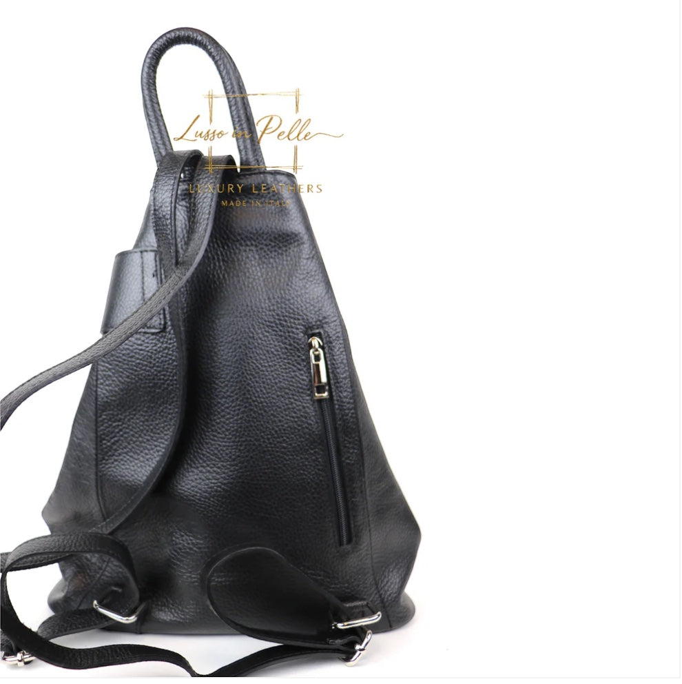 Eclectic black pebbled Italian leather backpack with adjustable straps and a convenient exterior back zip pocket.