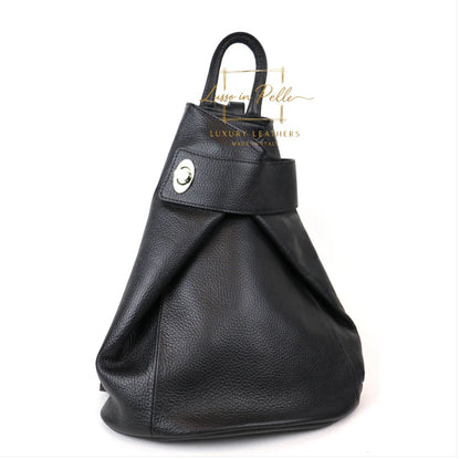 Eclectic black pebbled Italian leather backpack with a fold-over front and silver twist-lock closure.
