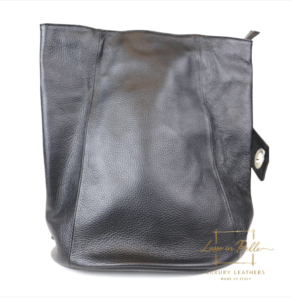 Eclectic black Italian pebbled leather backpack with a fold-over front and secure twist-lock closure.