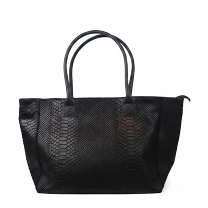 Eclectic black suede shopper bag with a textured snake-print finish and top handles, made in Italy.