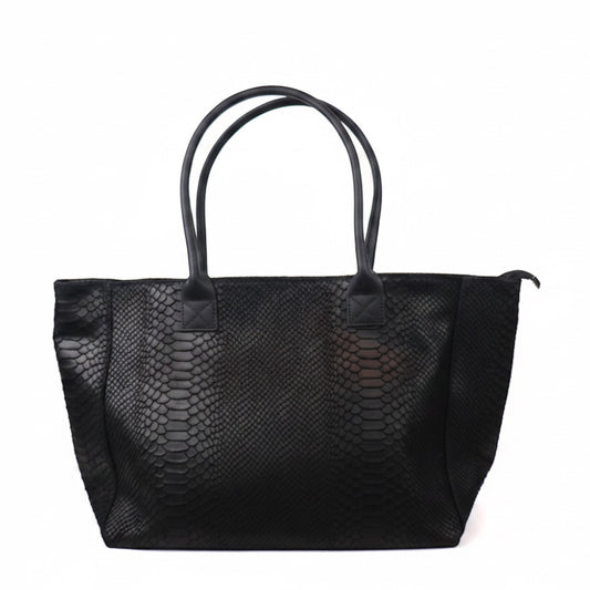 Eclectic black suede shopper bag with a textured snake-print finish and top handles, made in Italy.