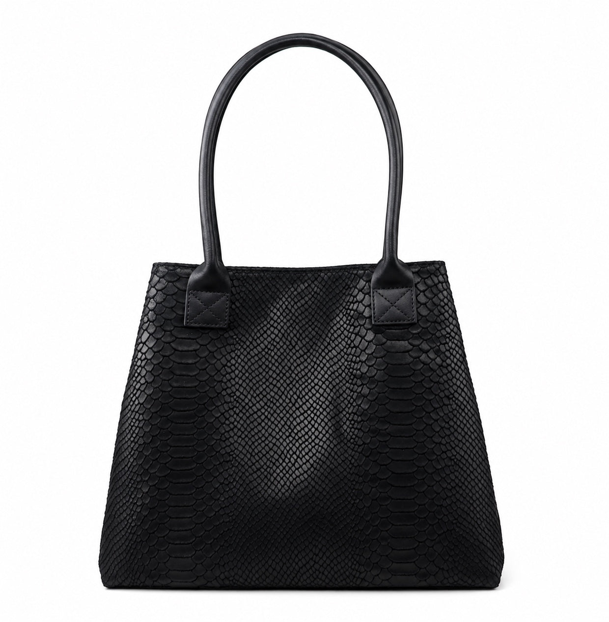 Eclectic black suede shopper bag with a textured snake-print finish and top handles, made in Italy.