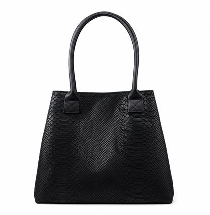 Eclectic black suede shopper bag with a textured snake-print finish and top handles, made in Italy.