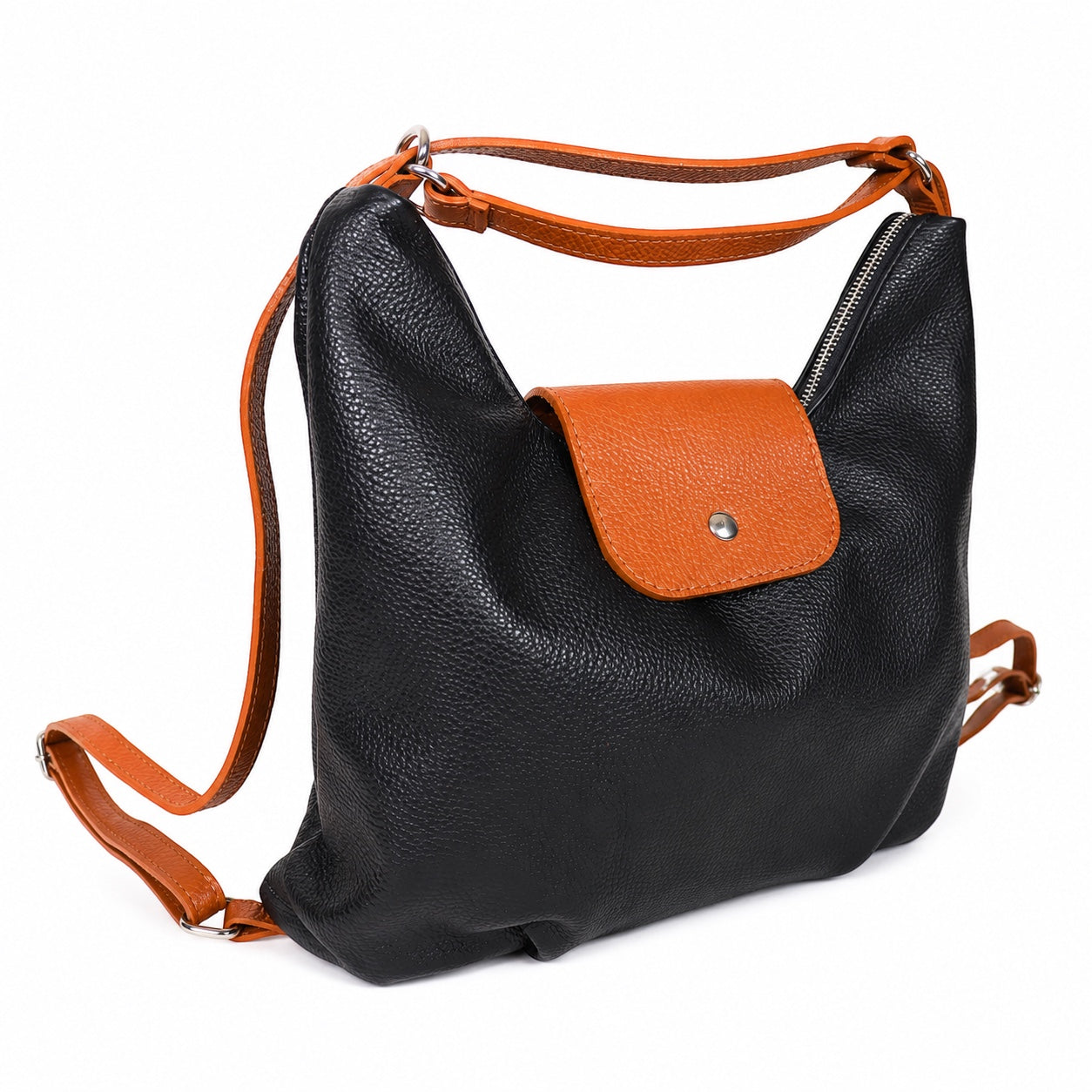 Eclectic Donatello Duo convertible bag in black and tan grain leather with silver hardware and adjustable straps.