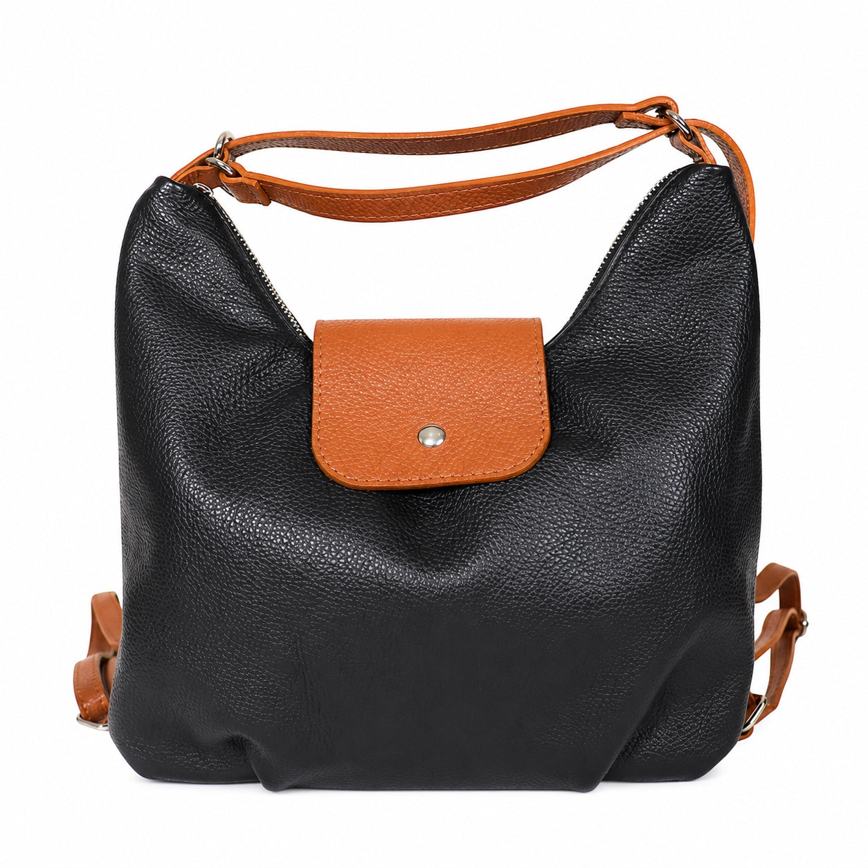 Eclectic black and tan grain leather convertible bag with silver hardware and adjustable straps