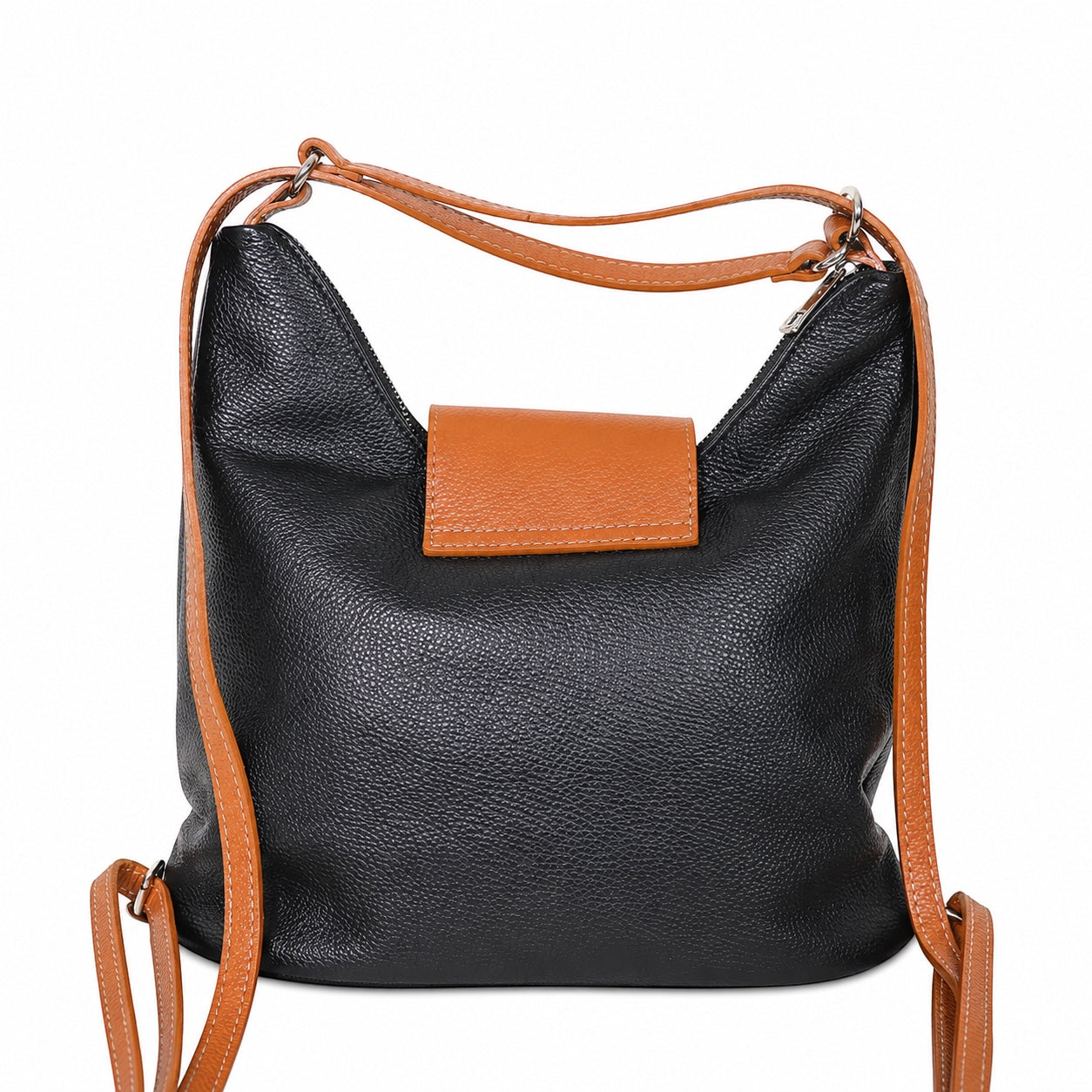 Eclectic black and tan grain leather convertible backpack and shoulder bag with silver hardware