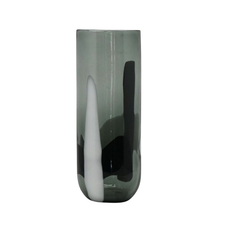 Eclectic tall cylindrical glass vase featuring a bold black and white abstract pattern on a translucent grey base.
