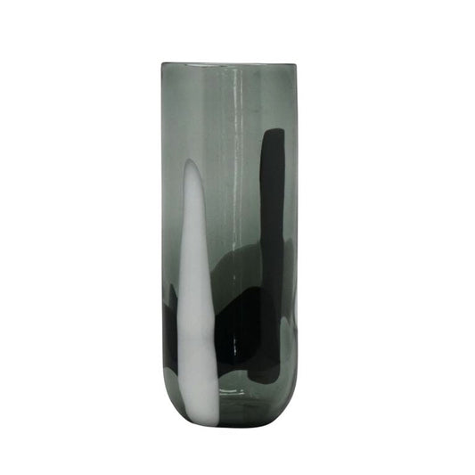 Eclectic tall cylindrical glass vase featuring a bold black and white abstract pattern on a translucent grey base.