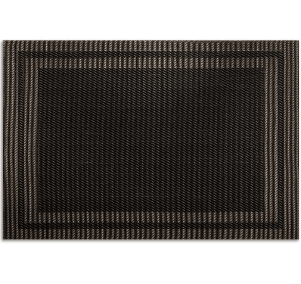 Eclectic black rectangular woven PVC placemat with a textured border design for modern dining table settings.
