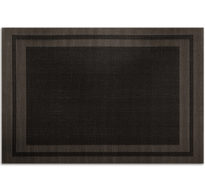 Eclectic black rectangular woven PVC placemat with a textured border design for modern dining table settings.