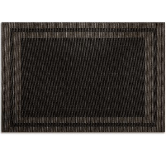Eclectic black rectangular woven PVC placemat with a textured border design for modern dining table settings.