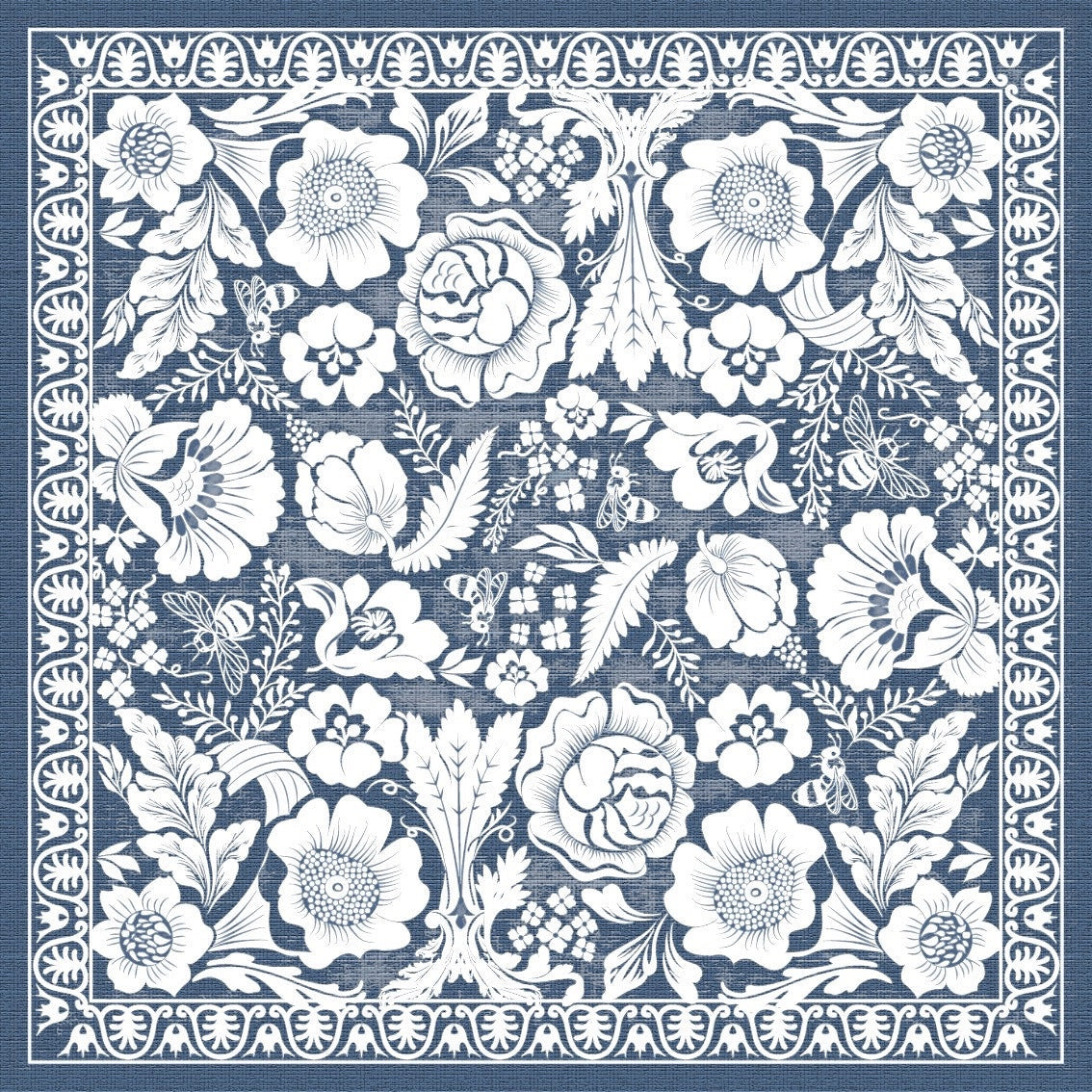 Eclectic soft blue linen-look tablecloth featuring a detailed white floral pattern with bees and a decorative border.