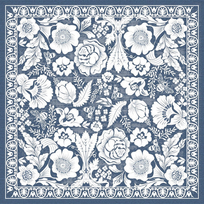 Eclectic soft blue linen-look tablecloth featuring a detailed white floral pattern with bees and a decorative border.