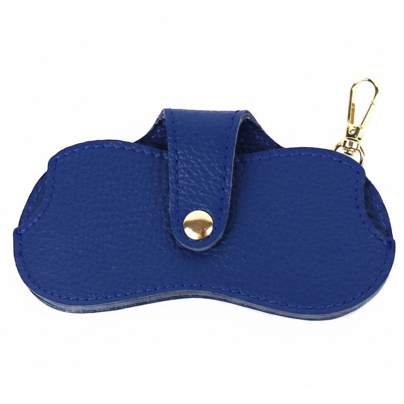 Eclectic blue leather glasses case with a gold-tone snap button and clip, made in Italy for secure eyewear storage.
