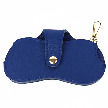 Eclectic blue leather glasses case with a gold-tone snap button and clip, made in Italy for secure eyewear storage.
