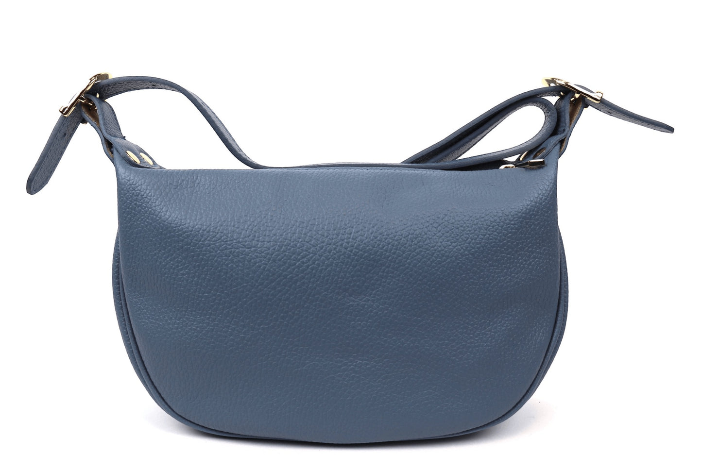 Eclectic blue grained leather half moon sling bag with an adjustable strap and gold-tone hardware.