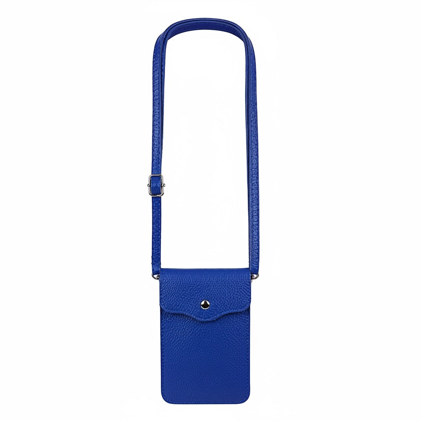 Eclectic blue pebbled leather phone crossbody bag with an adjustable strap and silver-tone magnetic closure.