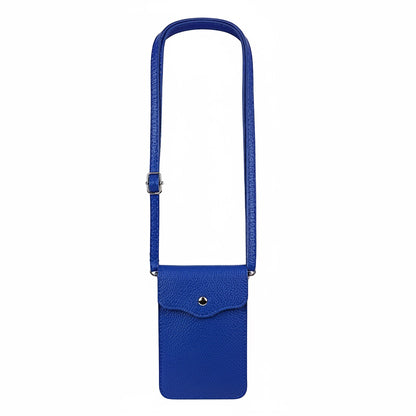 Eclectic blue pebbled leather phone crossbody bag with an adjustable strap and silver-tone magnetic closure.