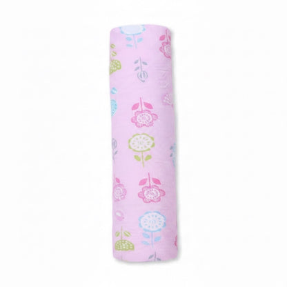 Eclectic Blush Blossom cotton flannel swaddle blanket in soft pink with a delicate pastel floral print.