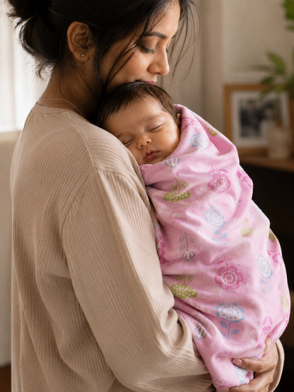 Eclectic blush pink cotton flannel swaddle with floral print wrapped around a sleeping baby held by a mother.