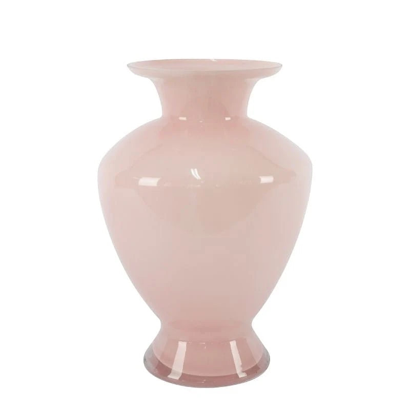 Eclectic 30cm blush pink glass vase with a flared rim and pedestal base in a smooth glossy finish.
