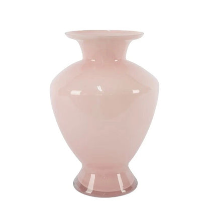 Eclectic 30cm blush pink glass vase with a flared rim and pedestal base in a smooth glossy finish.