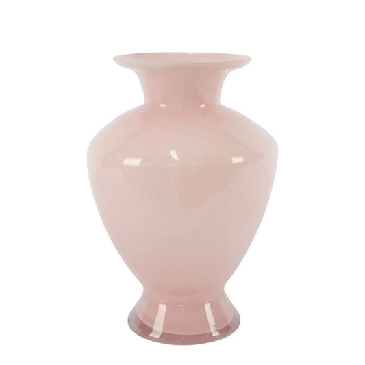 Eclectic 30cm blush pink glass vase with a flared rim and pedestal base in a smooth glossy finish.
