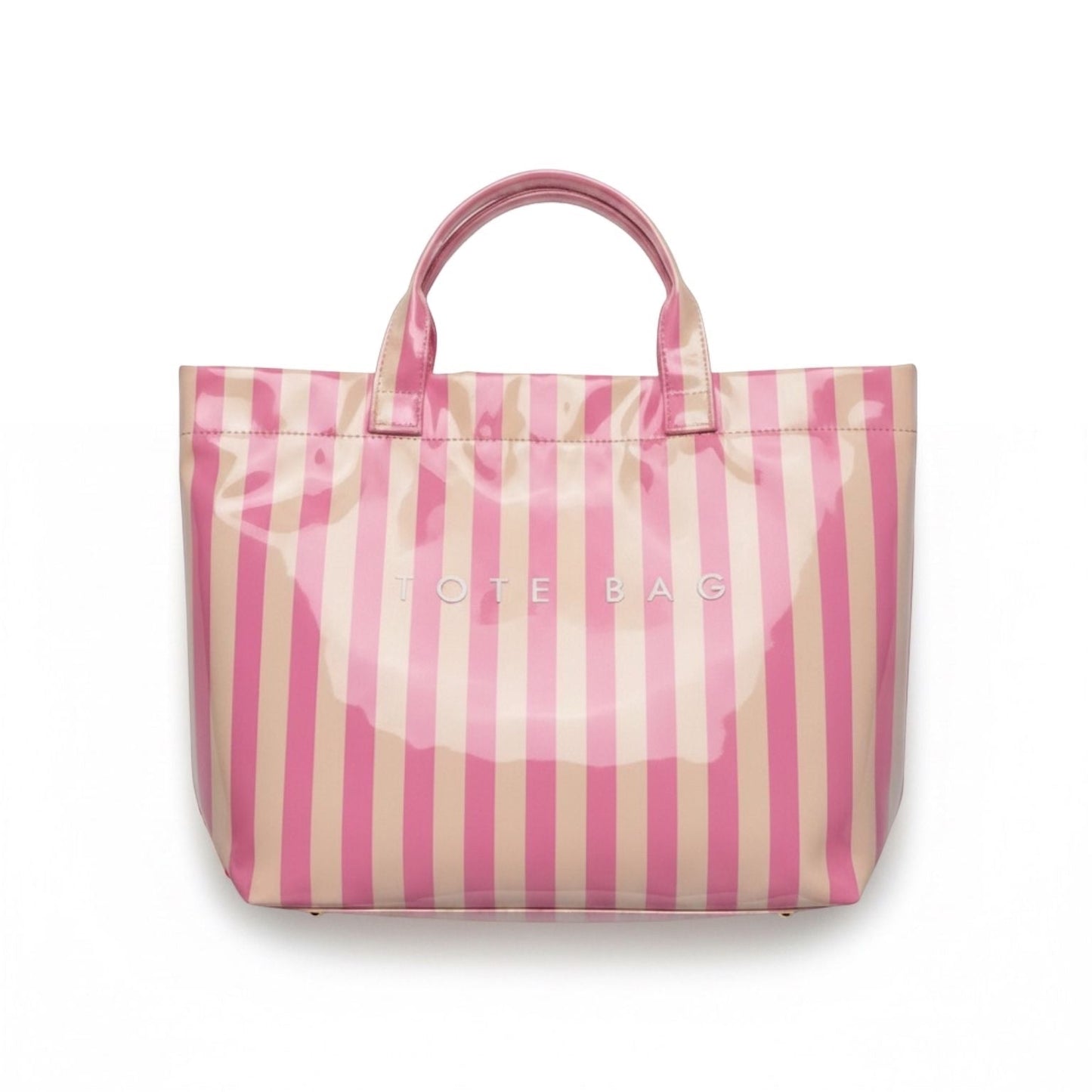 Eclectic blush and neutral striped PVC carry tote bag with fixed shoulder straps and magnetic closure.