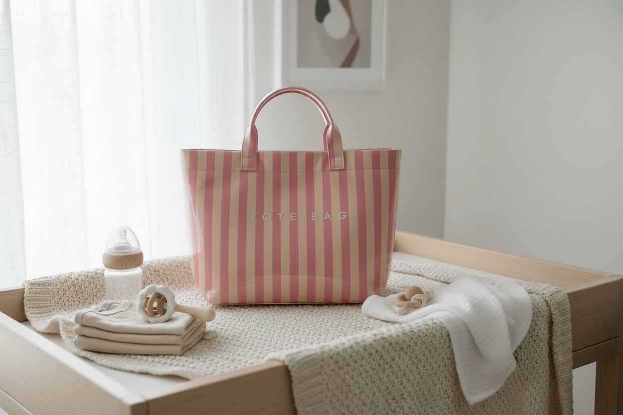 Eclectic blush and neutral stripe PVC carry tote bag on a nursery changing table with baby essentials.