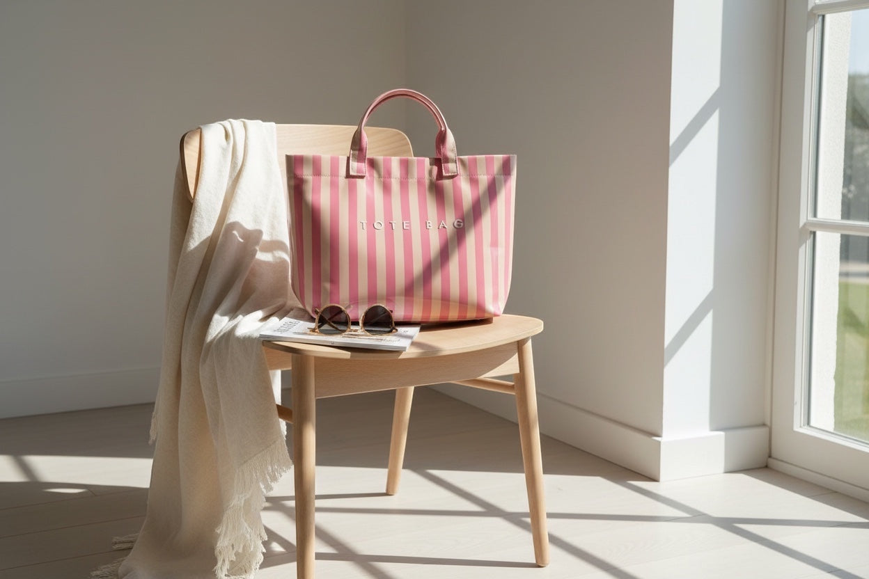 Eclectic blush and neutral stripe PVC carry tote bag with fixed shoulder straps resting on a wooden chair.