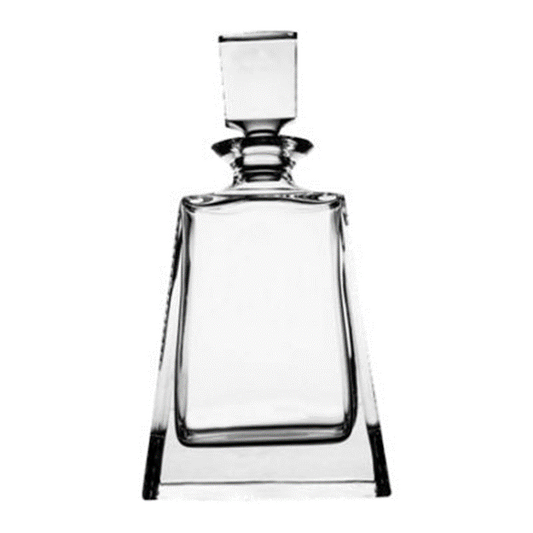 Eclectic Bohemia Crystal Napoleon lead-free clear crystal spirit decanter with a square stopper and tapered base.