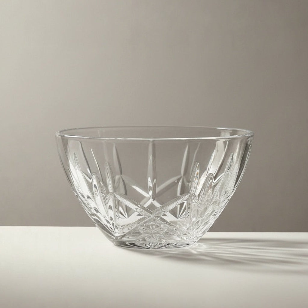 Eclectic 25cm Bohemia Crystal serving bowl with a decorative cut pattern, made from clear titanium-reinforced glass.