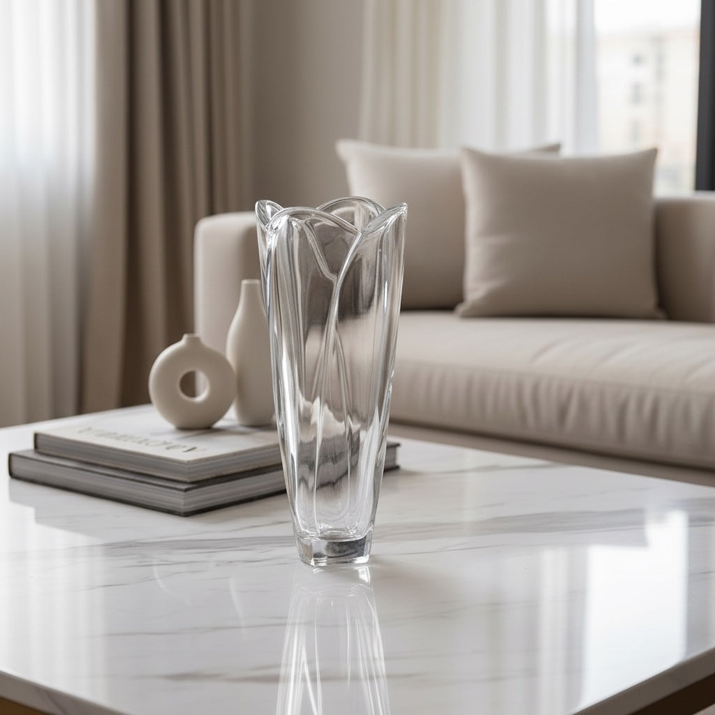 Eclectic Bohemia Globus clear crystal glass vase with a sculptural faceted silhouette on a marble coffee table.