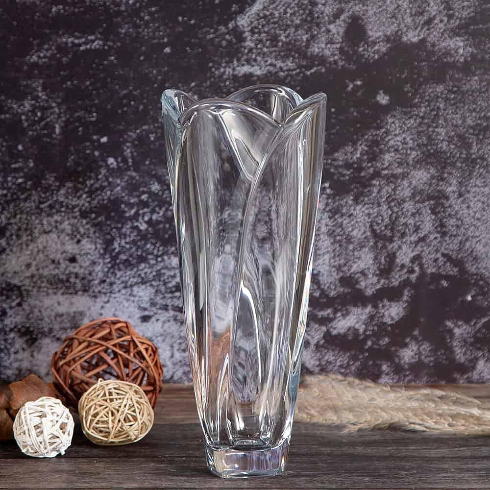 Eclectic Bohemia Globus clear crystal glass vase with a sculptural faceted silhouette and elegant tapered form.