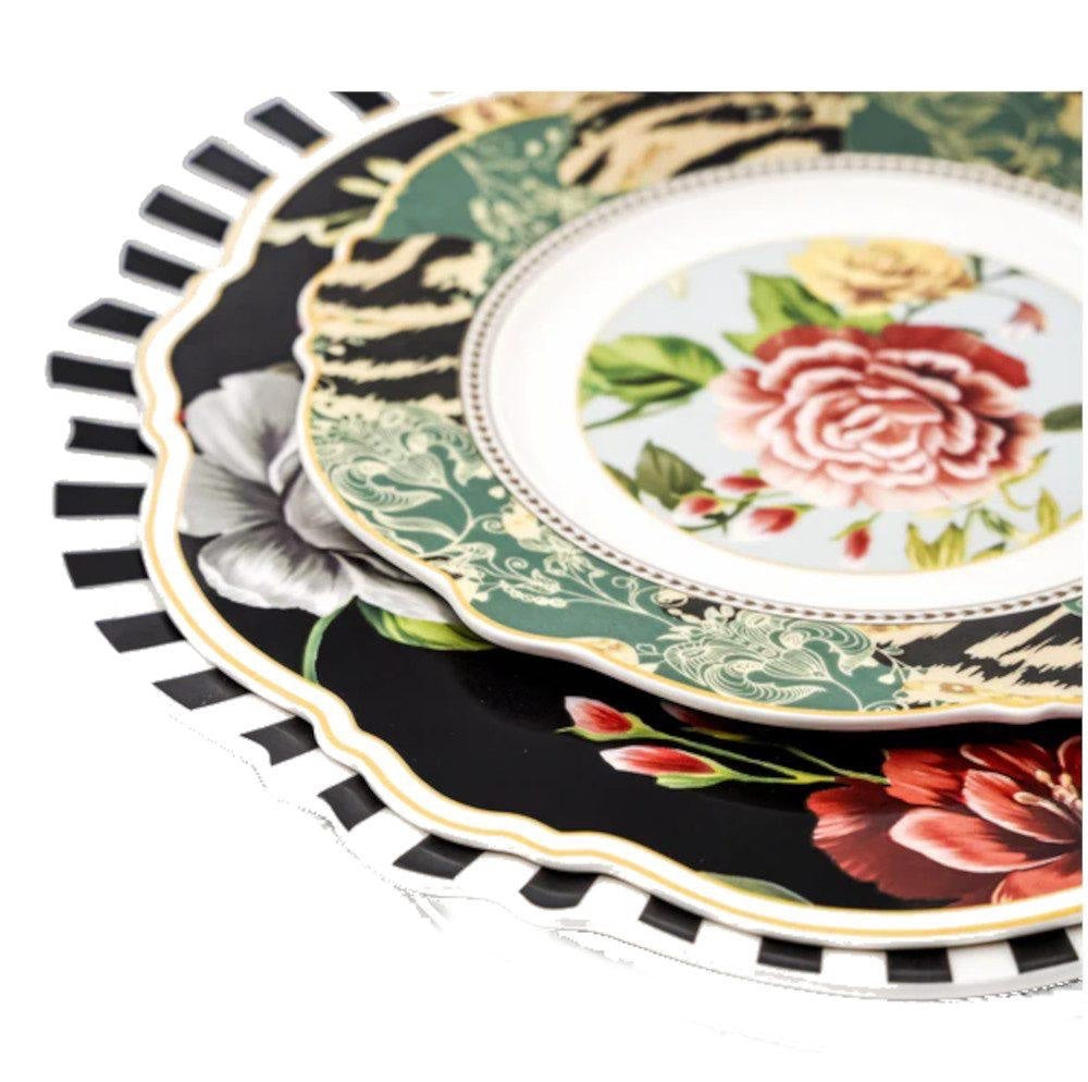 Eclectic Botanica Rose fine china biscuit plate with floral patterns, gold accents, and a black and white striped edge.