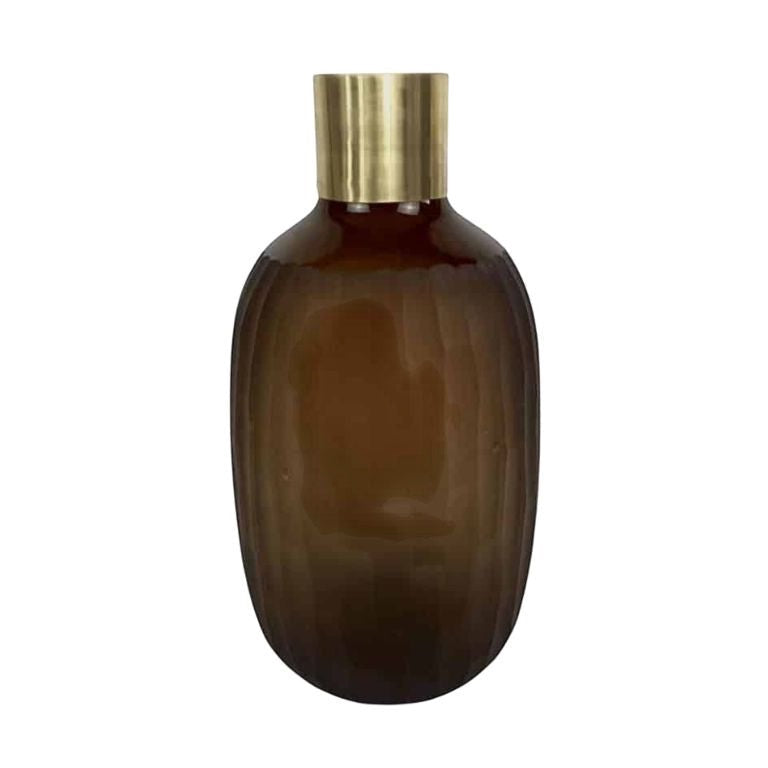 Eclectic brown glass vase with a brushed gold rim and vertical textured detailing, 36cm tall.