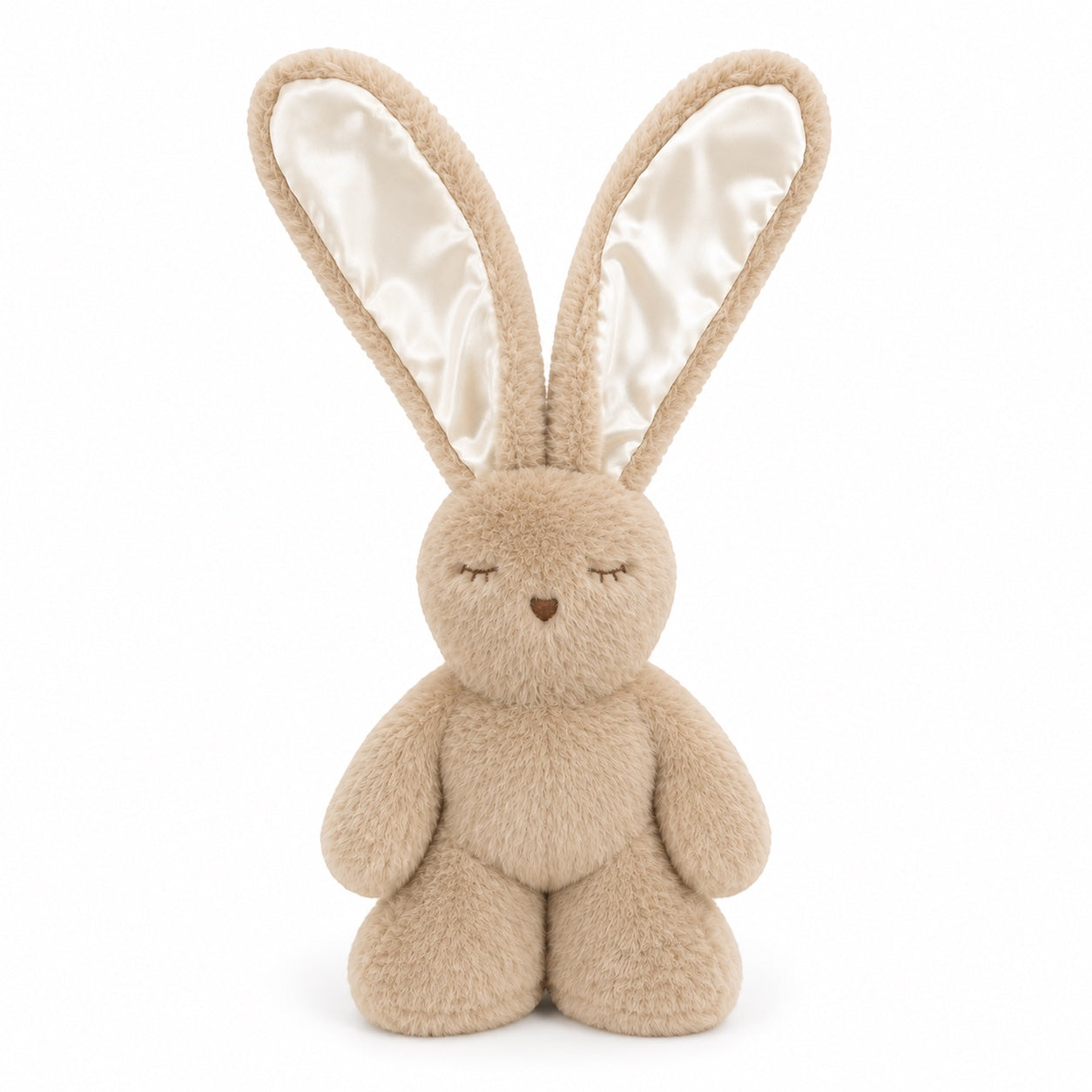 Eclectic brown plush bunny toy with long satin-lined ears and soft velvety fur for baby comfort.