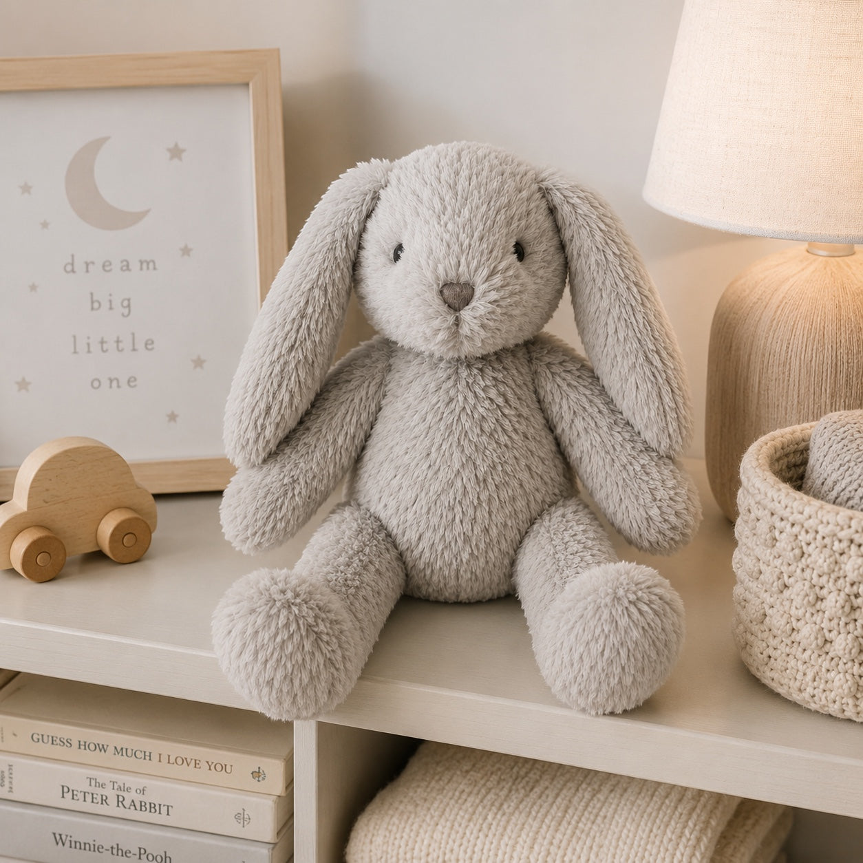 Eclectic Bun-Bun grey plush bunny toy with long floppy ears and soft fur sitting on a nursery shelf.